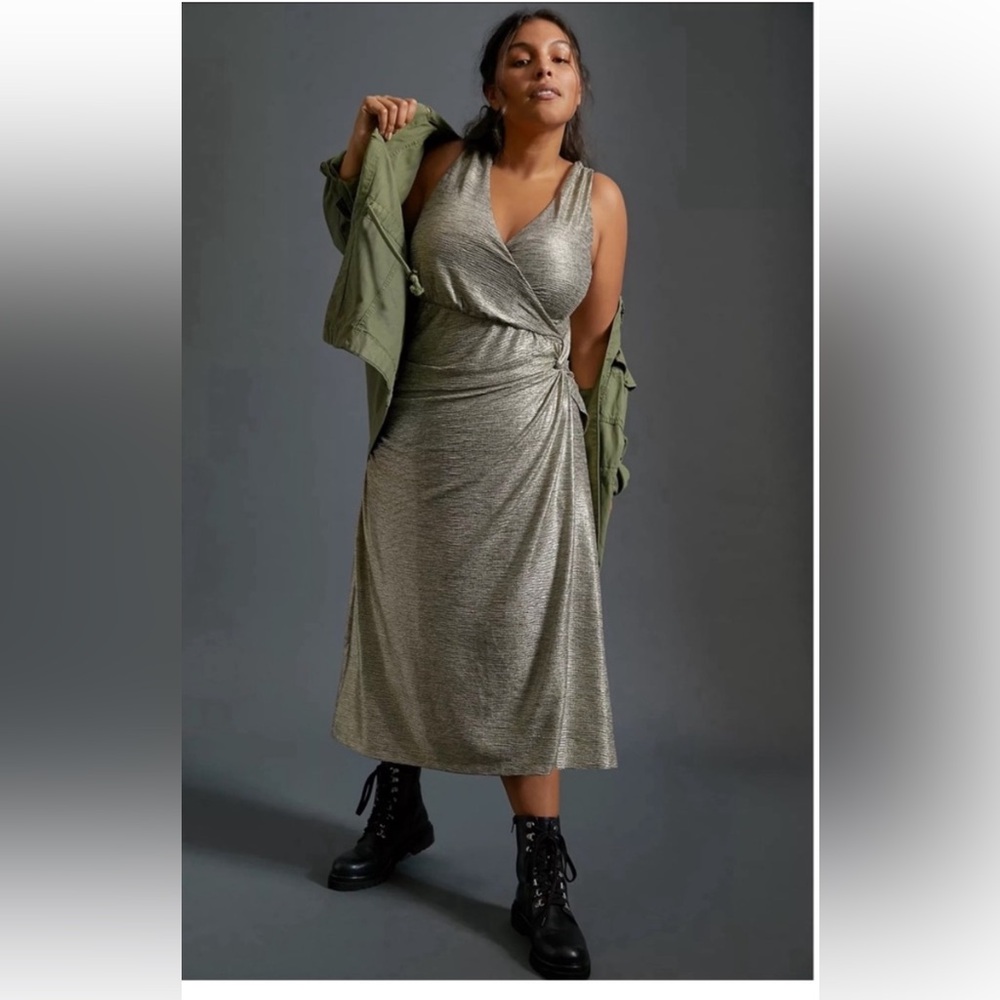 NWT Anthropologie size 1X faux wrap midi dress in metallic